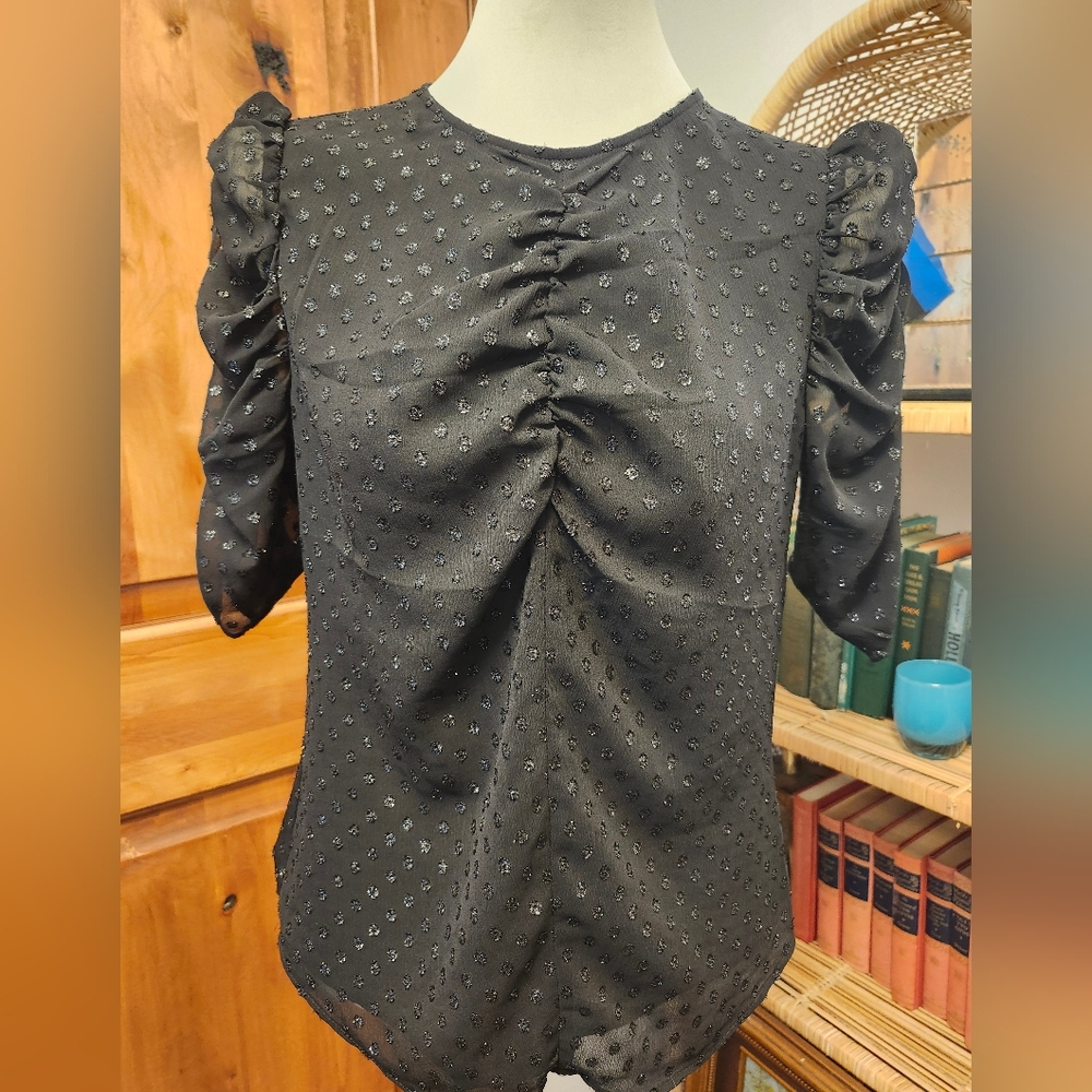 Express Small Women's Puff Sleeve Ruched Swiss Dot Blouse